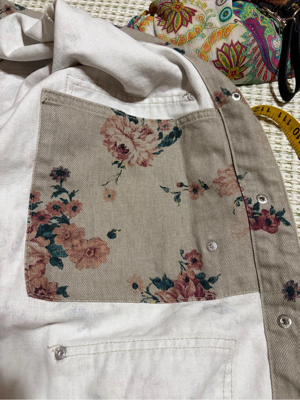 Floral Beige Jean Jacket with Pink Blossoms. 
Slightly oversized. Great for fall - Picture 11 of 11
